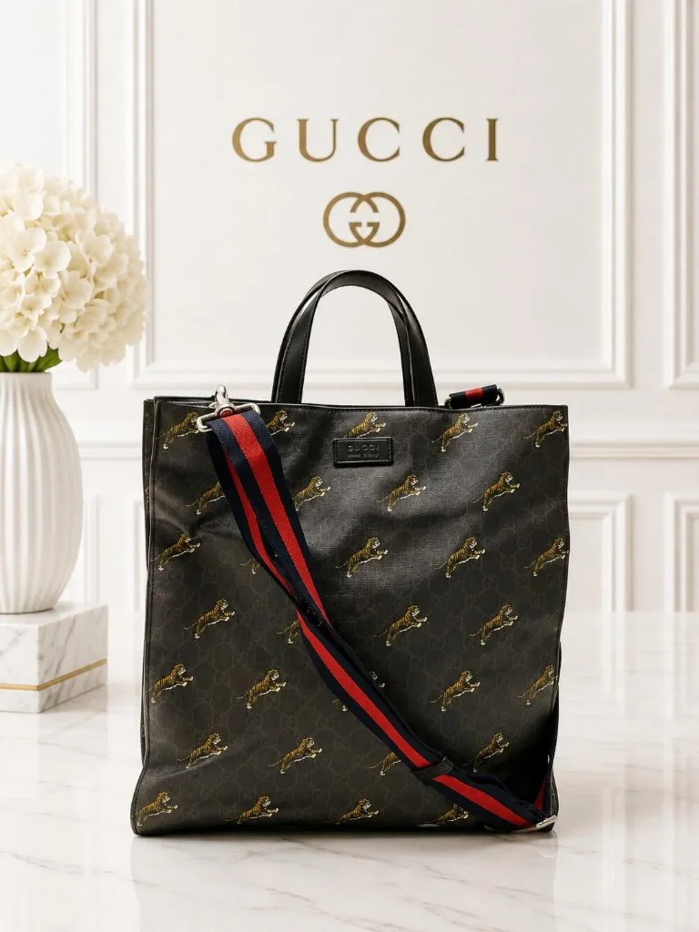 Authentic Gucci GG Supreme Bengal Tiger Tote Bag Black Web Strap Crossbody